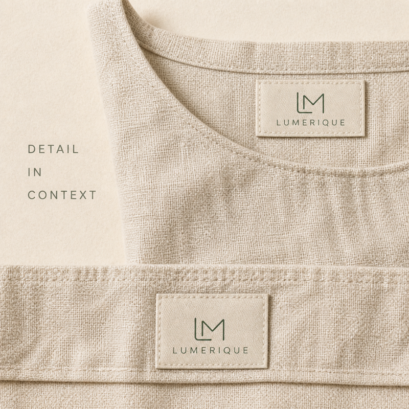 Custom woven label design set 03, application reference rendering (design reference only)