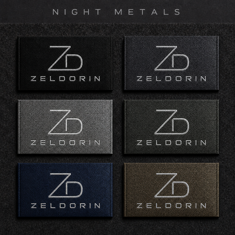 Custom woven label design set 06, fold and format matrix rendering (design reference only)