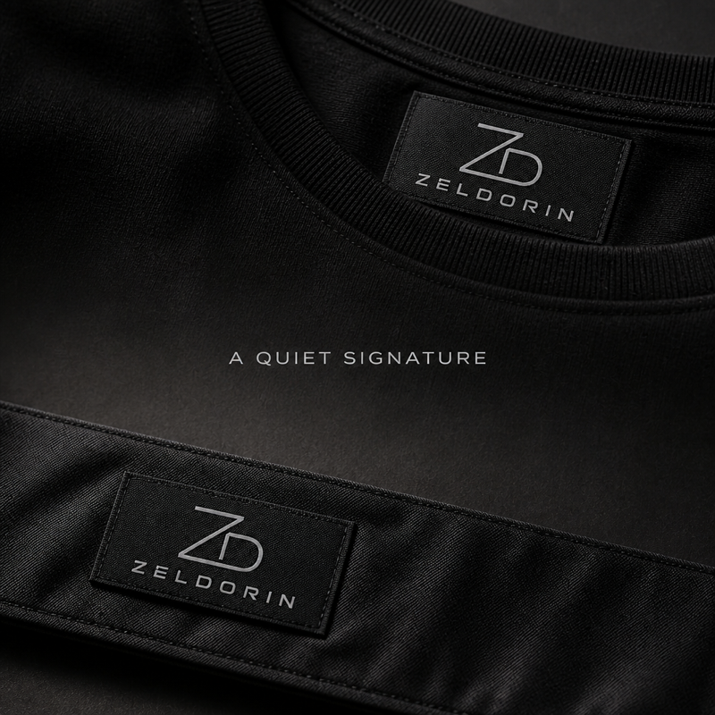 Custom woven label design set 06, application reference rendering (design reference only)