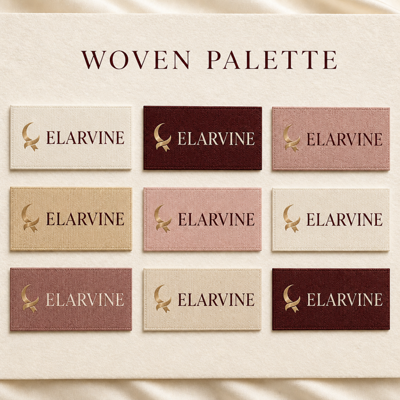 Custom woven label design set 07, fold and format matrix rendering (design reference only)