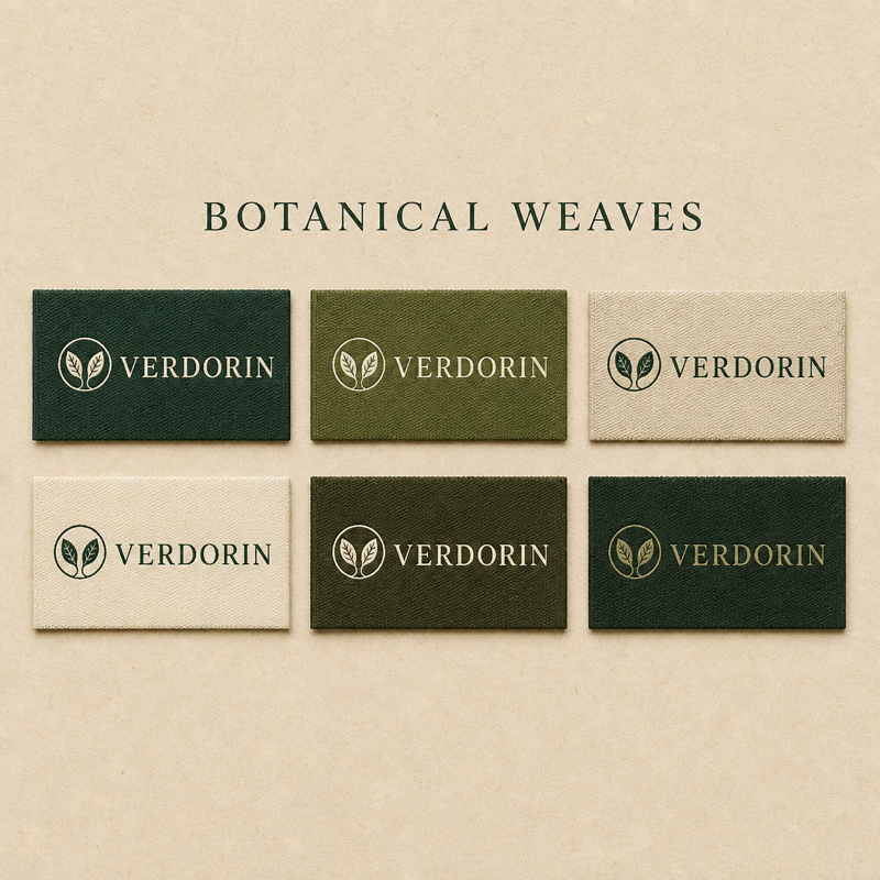 Custom woven label design set 09, fold and format matrix rendering (design reference only)