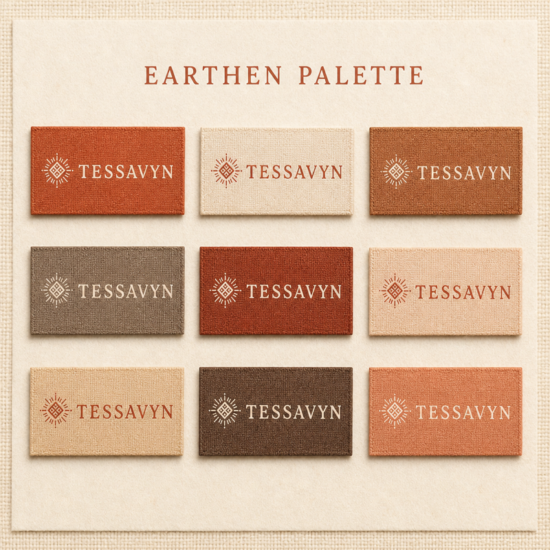 Custom woven label design set 12, fold and format matrix rendering (design reference only)