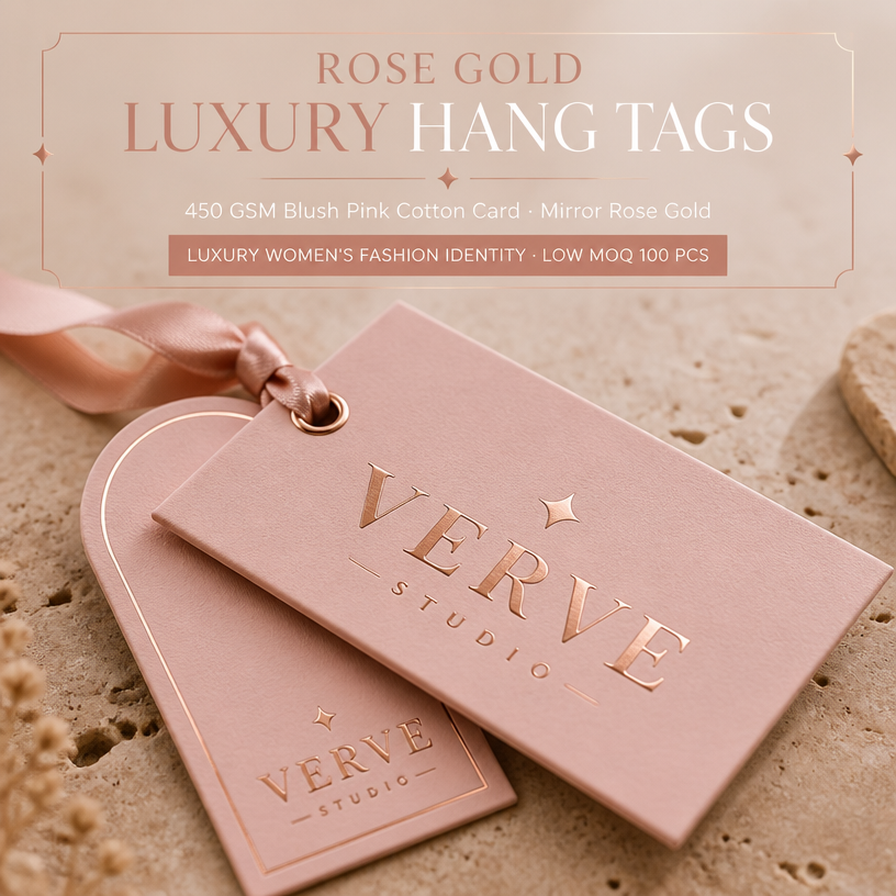Pink custom hang tags showing rose-gold logo finishing
