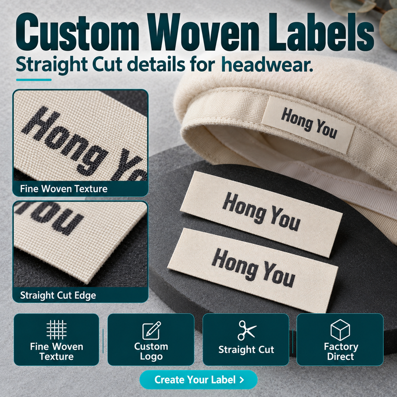Woven logo labels showing fabric texture and straight-cut construction